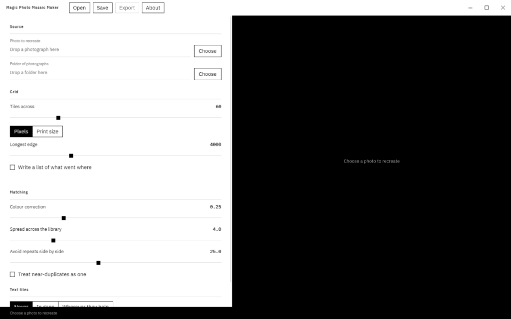 The main window before anything is chosen: settings on the left, an empty black preview on the right saying Choose a photo to recreate.