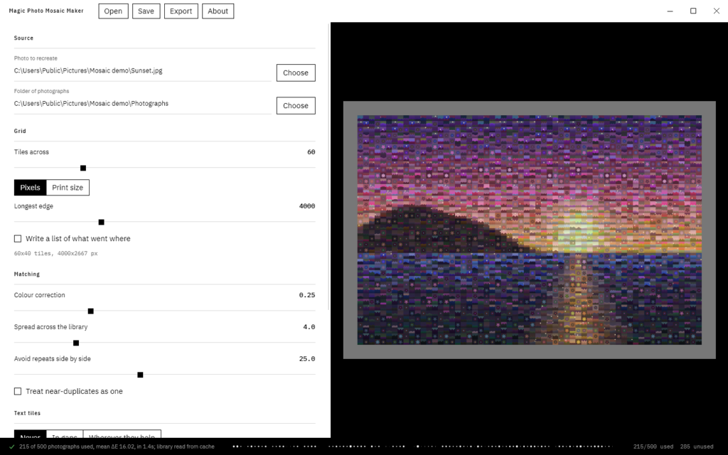 The main window with a sunset photo and a folder chosen, the mosaic preview on the right, and the status strip reporting 215 of 500 photographs used.