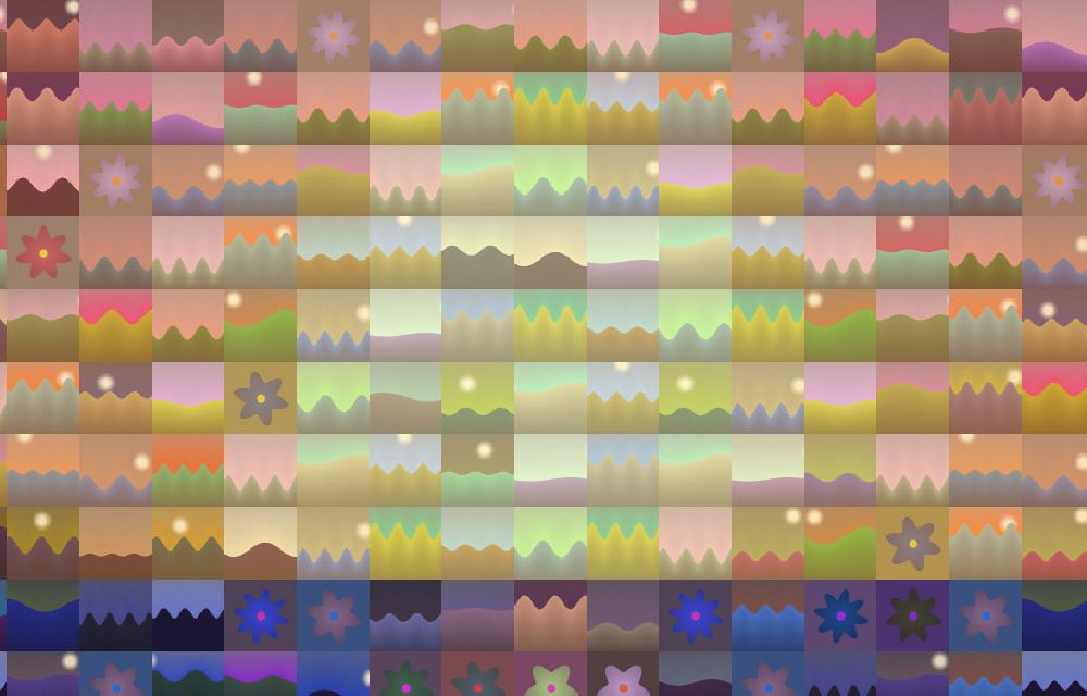 A close-up of the mosaic around the sun, where each tile is a small landscape or flower picture.