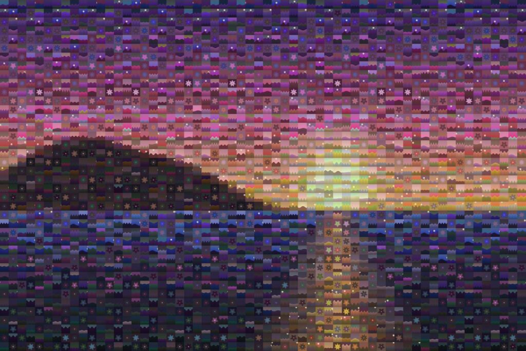 The same sunset rebuilt as a mosaic of 2,400 small pictures.