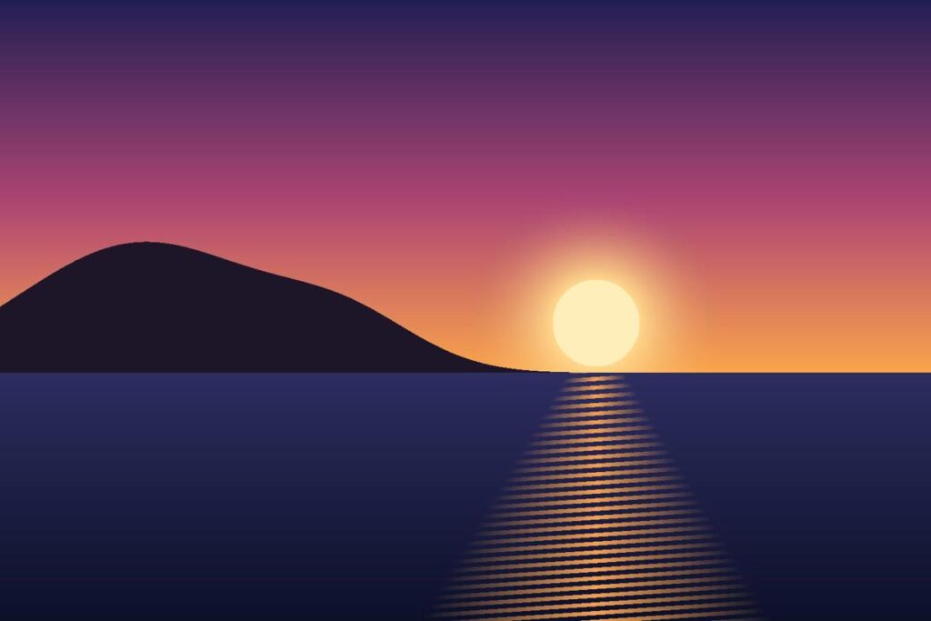 A sunset over the sea, with a dark headland on the left and the sun's reflection on the water.
