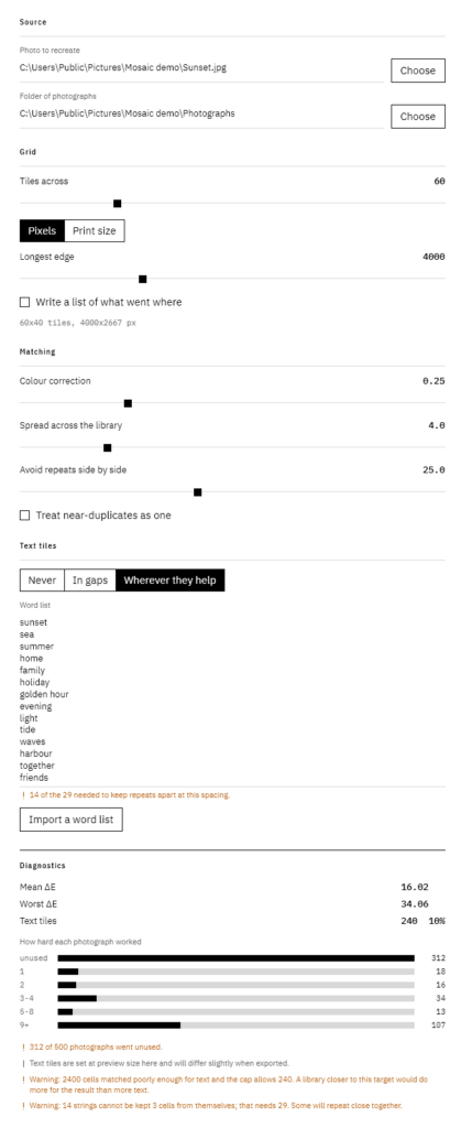 The whole settings column: Source, Grid, Matching and Text tiles, with the Diagnostics panel at the foot.