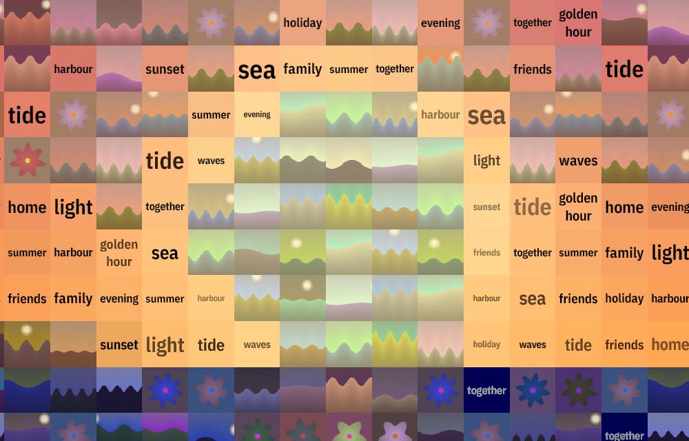 A close-up of a mosaic around a sunset, where many orange squares hold words such as sea, tide, family and golden hour instead of pictures.